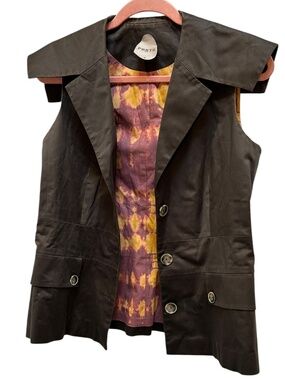 PORTS 1961 chocolate brown orange tie dye IKAT lined safari vest 10